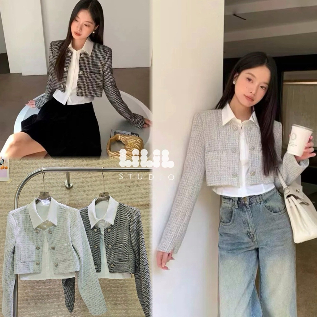 เสื้อคลุมทวีต +เชิ้ต งานset2ชิ้น สไตล์เกาหลี Lilil