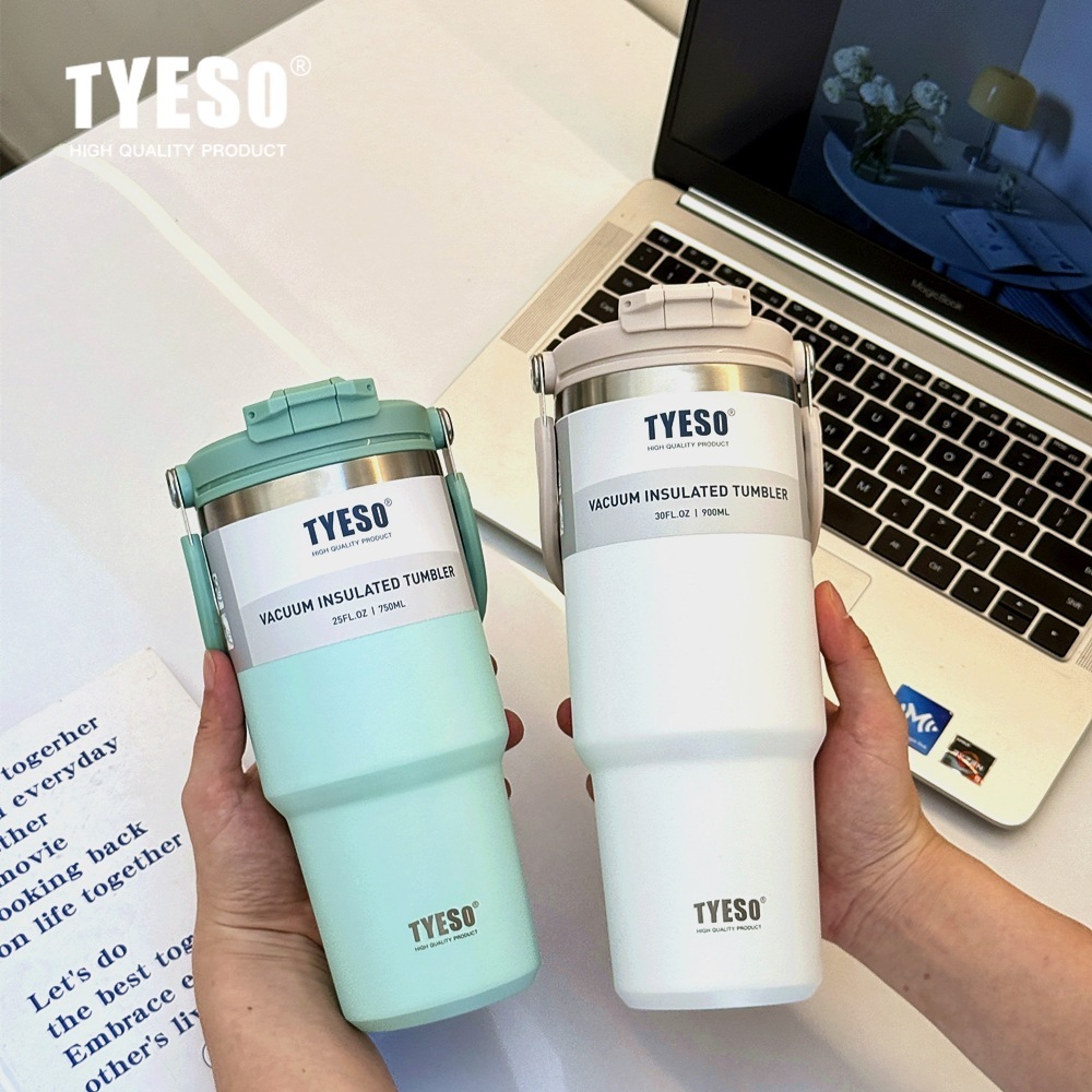 TYESOแท้ รุ่นใหม่2025สีใหม่แก้วสูญญากาศเก็บความเย็น มี5ขนาด9สีสแตนเลส304  แก้วน้ำพกพาพร้อมหูหิ้วพับได้