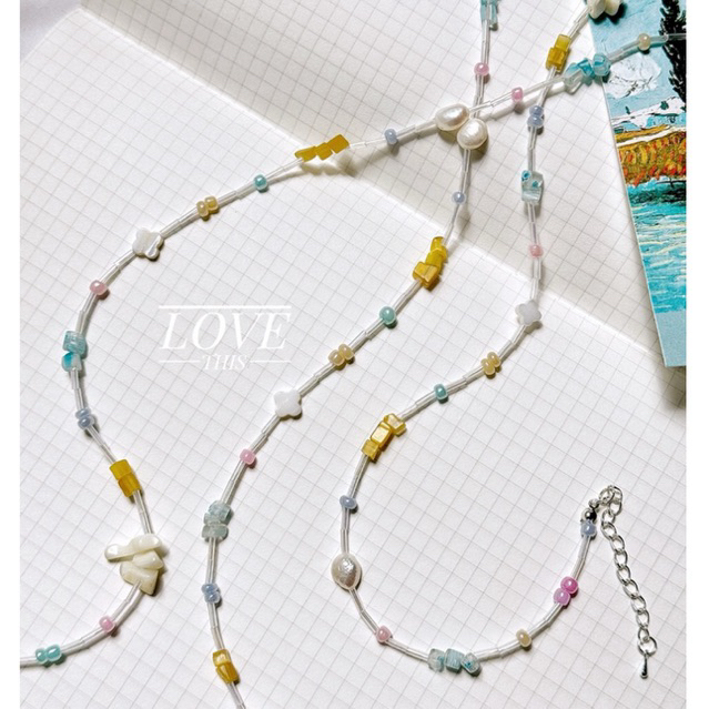 สร้อยคอ handmade ลูกปัดโทนสีพาสเทล มุกน้ำจืด เปลือกหอย หินตาแมว เติมความน่ารักในทุกวัน
