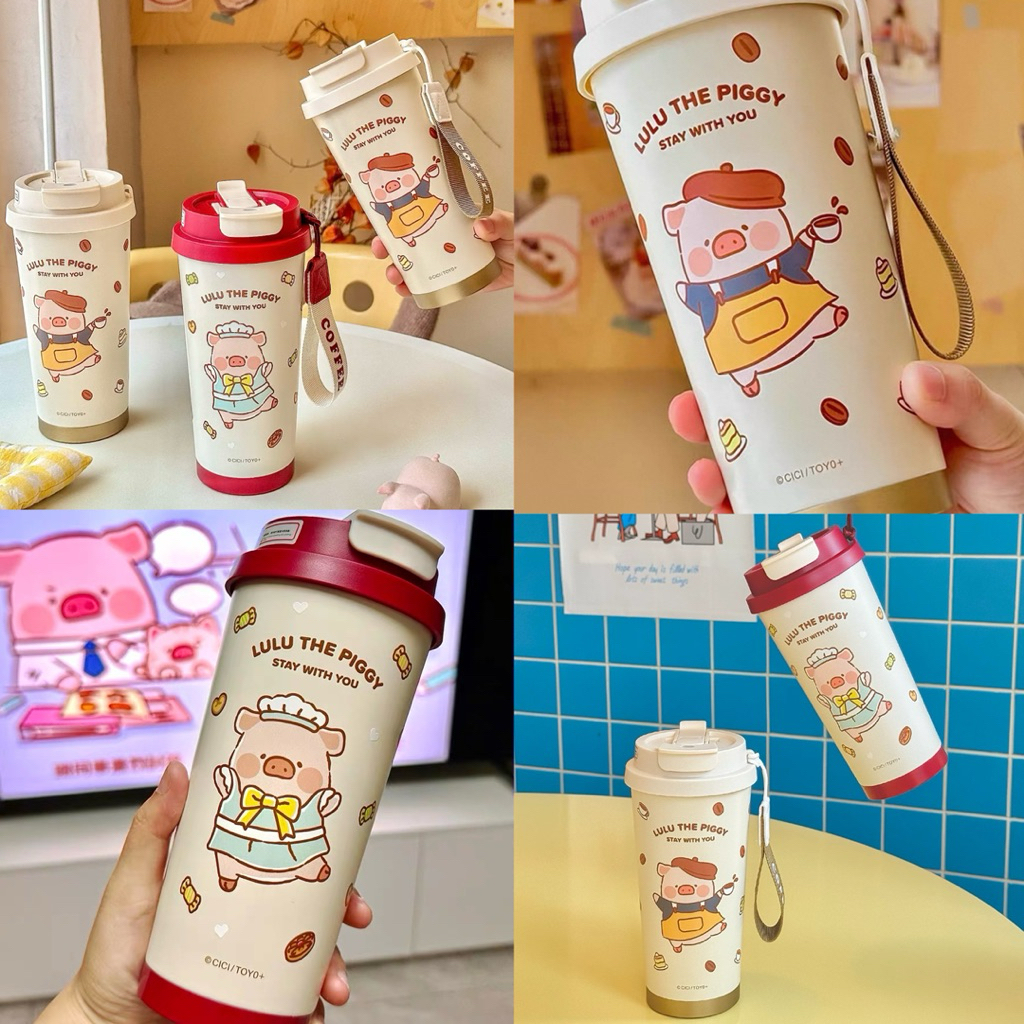พร้อมส่ง🍑 LuLu The Piggy แก้วน้ำ มีฝาปิด น่ารัก Tumbler แก้วออฟฟิศ แก้วกาแฟ Coffee แก้วเก็บอุณหภูมิ ของขวัญ 70145