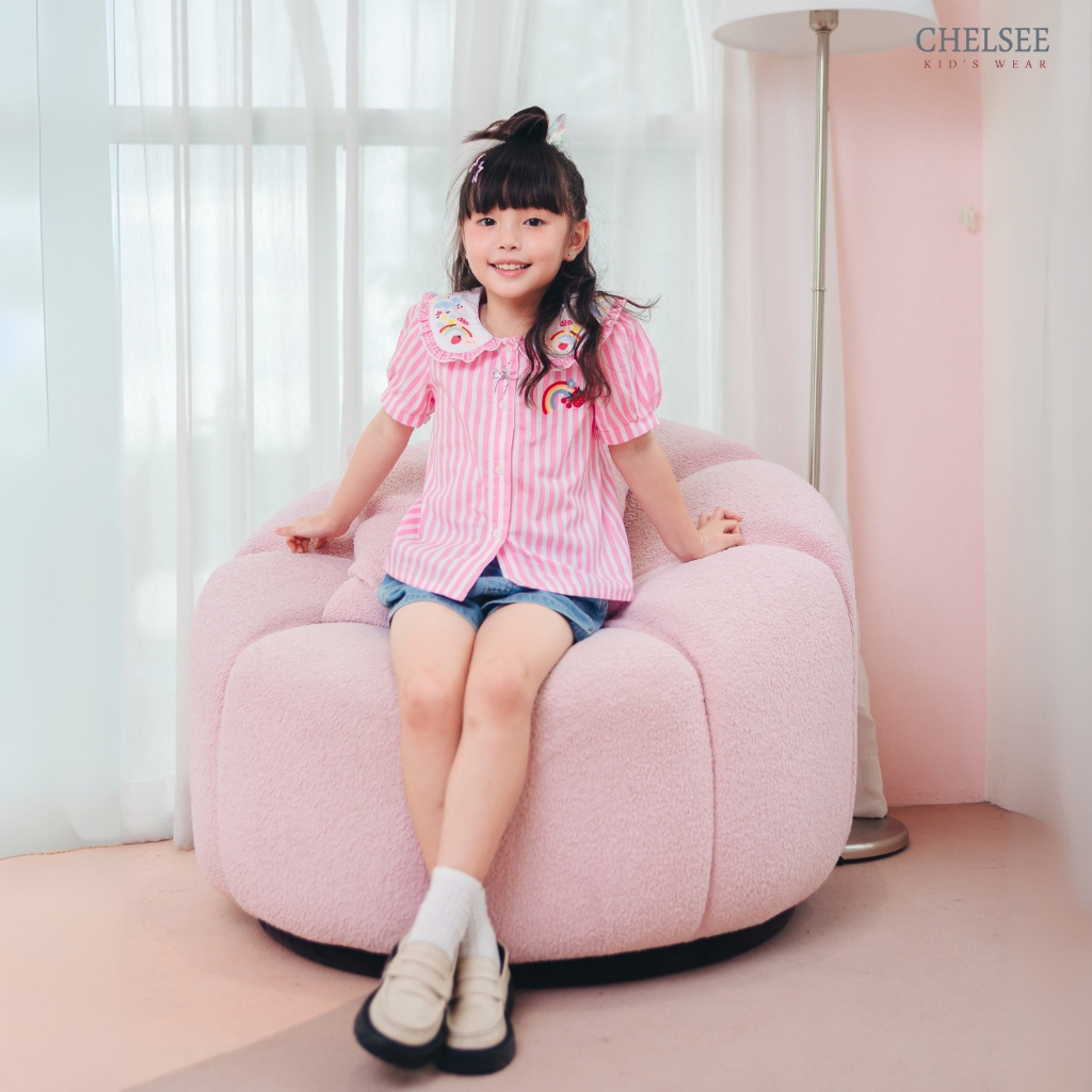 Chelsee เสื้อเชิ้ต ปักบัวลาย ลายทาง ปักรุ้ง แขนตุ๊กตา ผ้า 100%Cotton อายุ 1.5-10ปี เด็กผู้หญิง เสื้อผ้าเด็กโต รุ่น238173