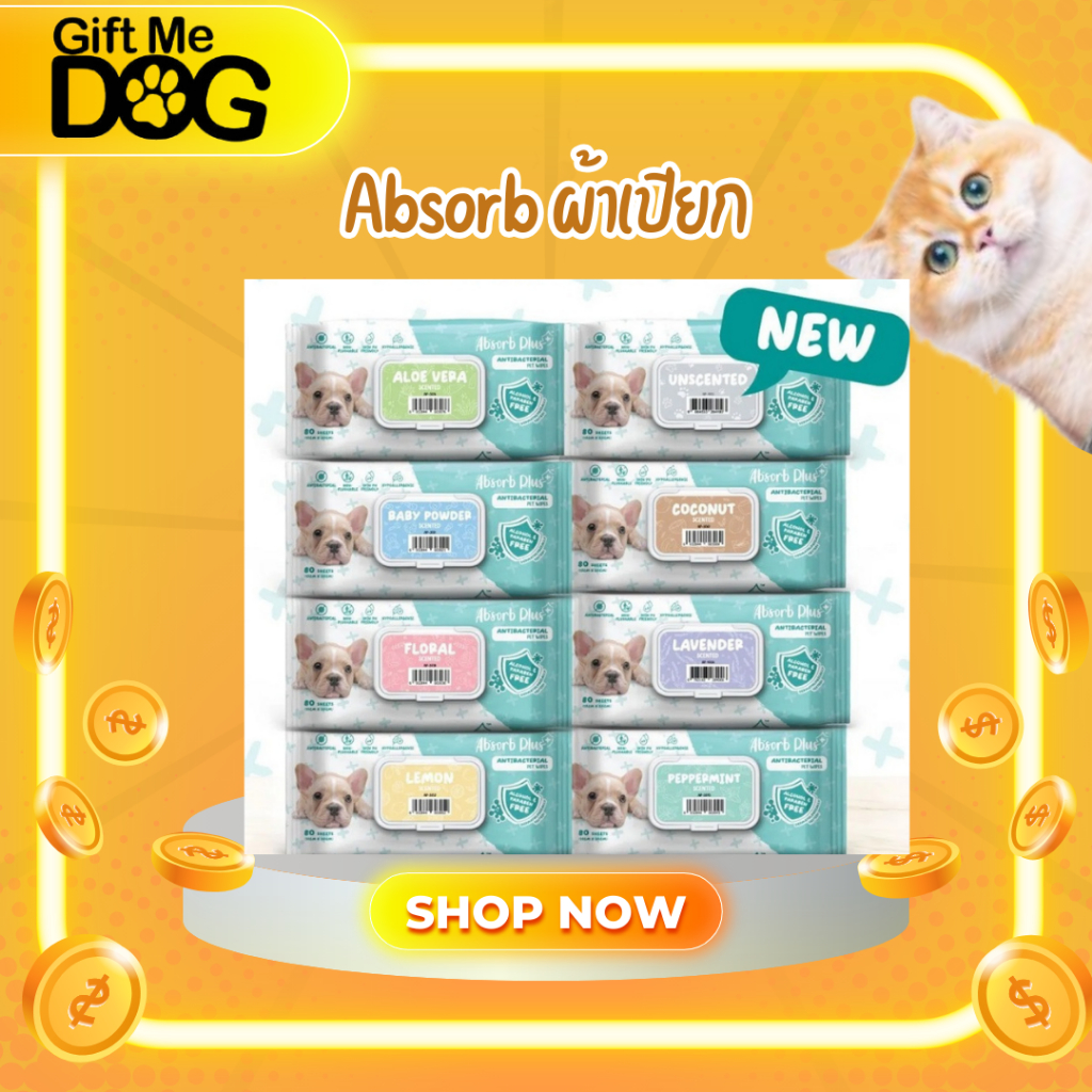 Absorb Plus แอปซอร์บพลัส ผ้าเปียกสำหรับทำความสะอาดสัตว์เลี้ยง สูตร Antibecterial ขนาด80แผ่น