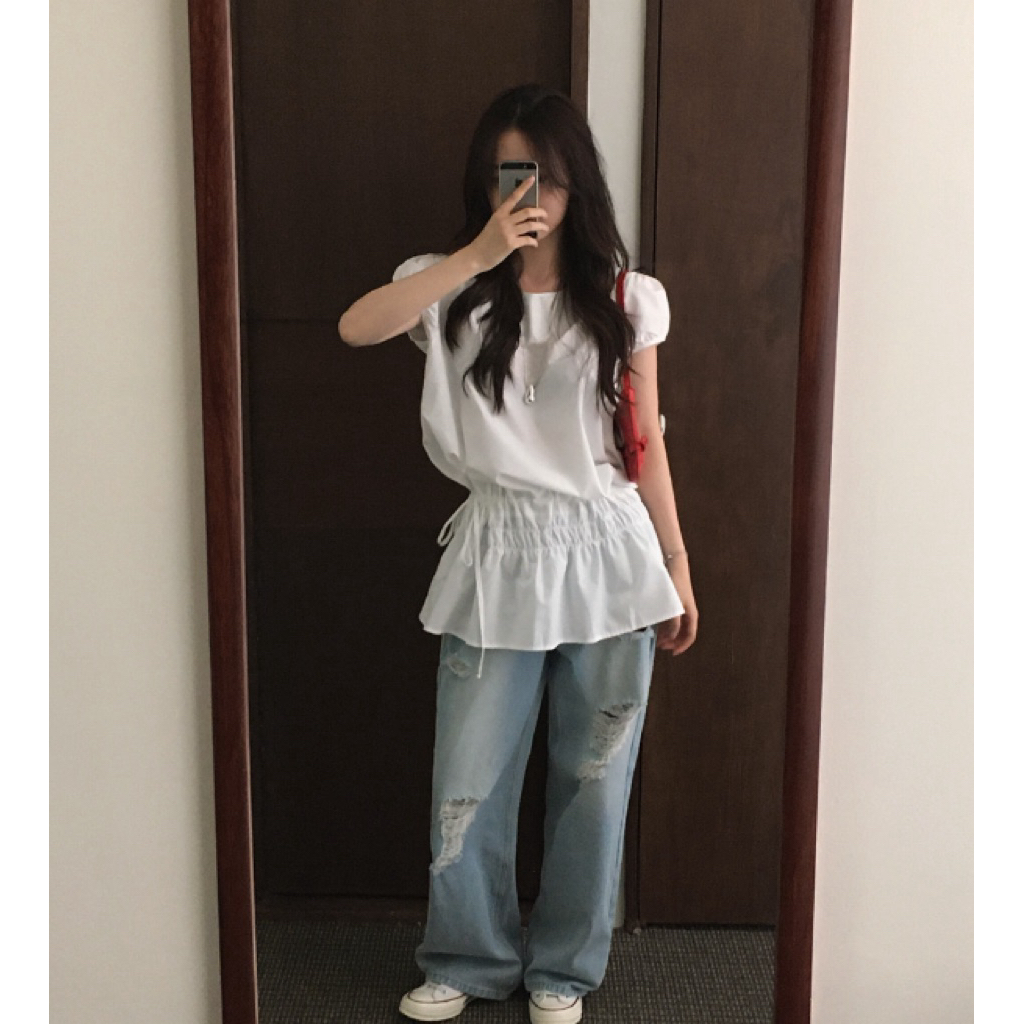 [3932] เสื้อเอวรูดสีขาว/สีเทา