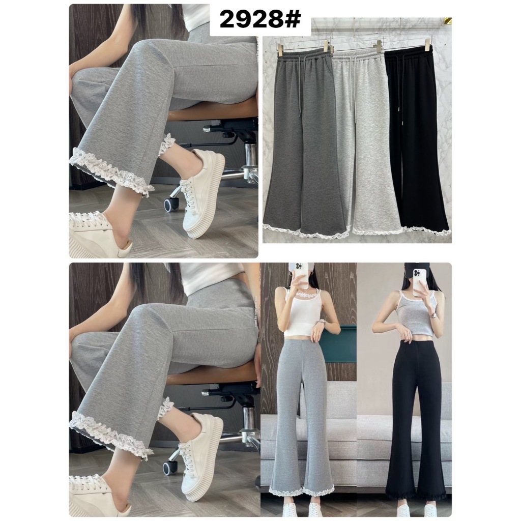 2928# กางเกงวอร์มขาม้าสีพื้น แต่งชายลูกไม้สีขาวที่ชายกางเกง เนื้อผ้าวอร์มนาโน ใส่สบายเอว 24-29นิ้ว