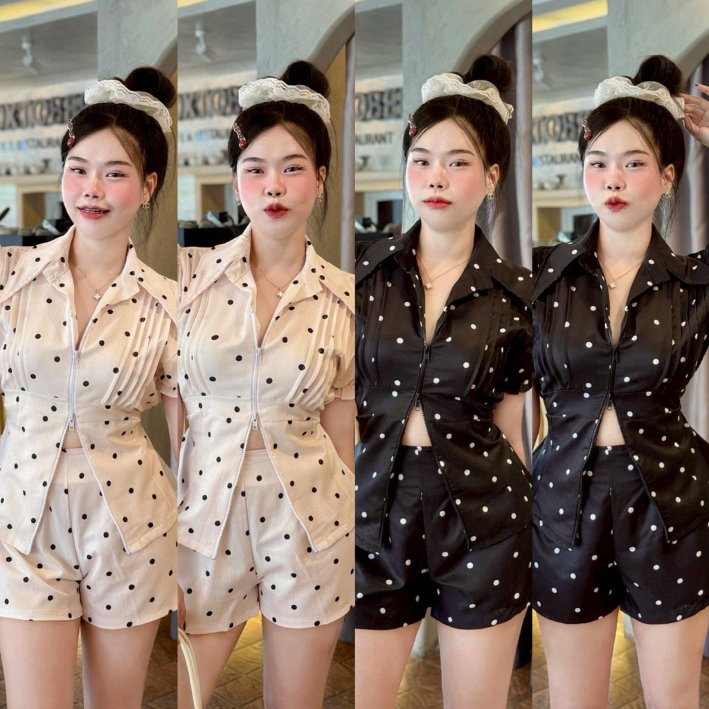 ชุดเซ็ต 2 ชิ้น เสื้อคอปกแขนตุ๊กตามีซิปหน้า+กางเกงขาสั้น