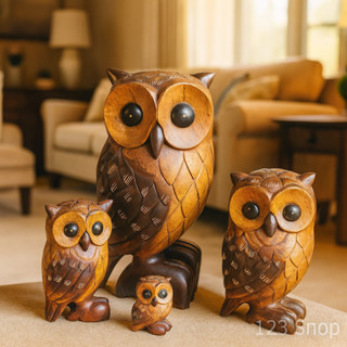 นกฮูกไม้จามจุรี  นกฮูกไม้แกะสลัก แกะลายรอบตัว  8 ไซส์  ตุ๊กต…