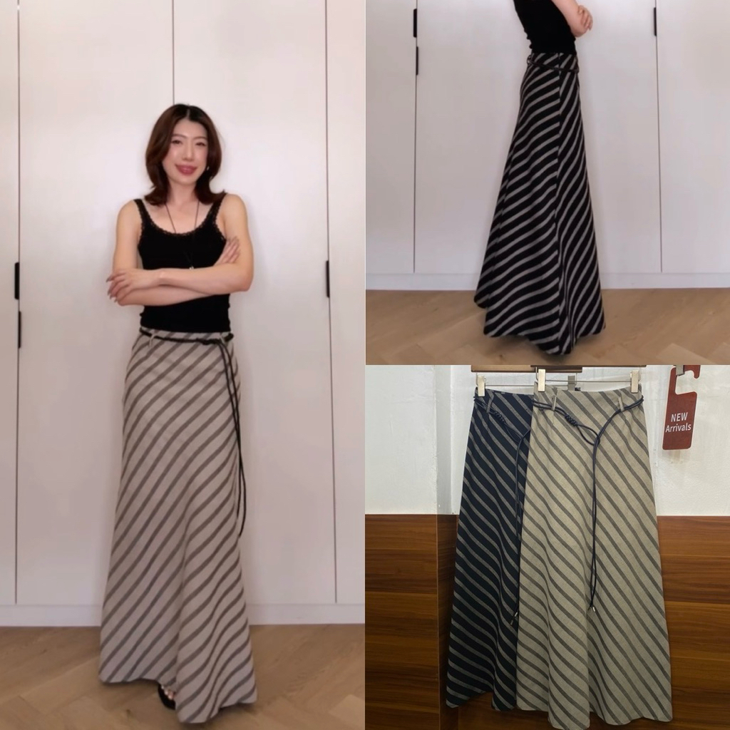ส่งด่วน 🛵 #1024 STUDIOX2 A-LINE LINEN STRIPES SKIRT WITH BELTS  กระโปรงทรงเอชายหางปลา