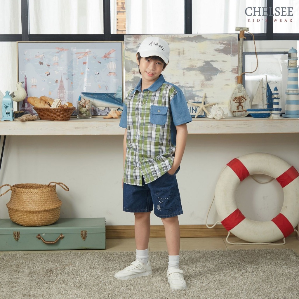 Chelsee เสื้อเชิ้ตยีนส์ แขนสั้น ลายสก๊อต ผ้ายีนส์ 100%Cotton เด็กผู้ชาย อายุ 1.5-10 ปี เสื้อผ้าเด็กโต รุ่น 128179 รูปที่ 5