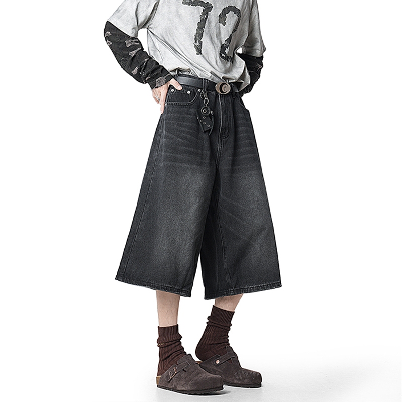 กางเกงขาสั้นสำหรับผู้ชาย พลัสไซส์ Unisex เกงสามส่วน ทรงหลวม พลัสไซส์ denim เก็บพุง streetwear วินเทจ - รูปที่ 5