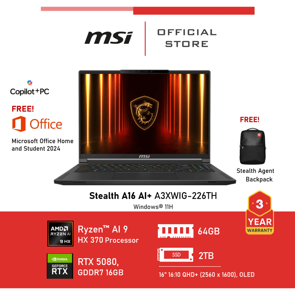 [Pre-Order] MSI Stealth A16 AI+ A3XWIG-226TH (NVIDIA® GeForce RTX™ 5080 Laptop GPU, GDDR7 16GB) Lapt