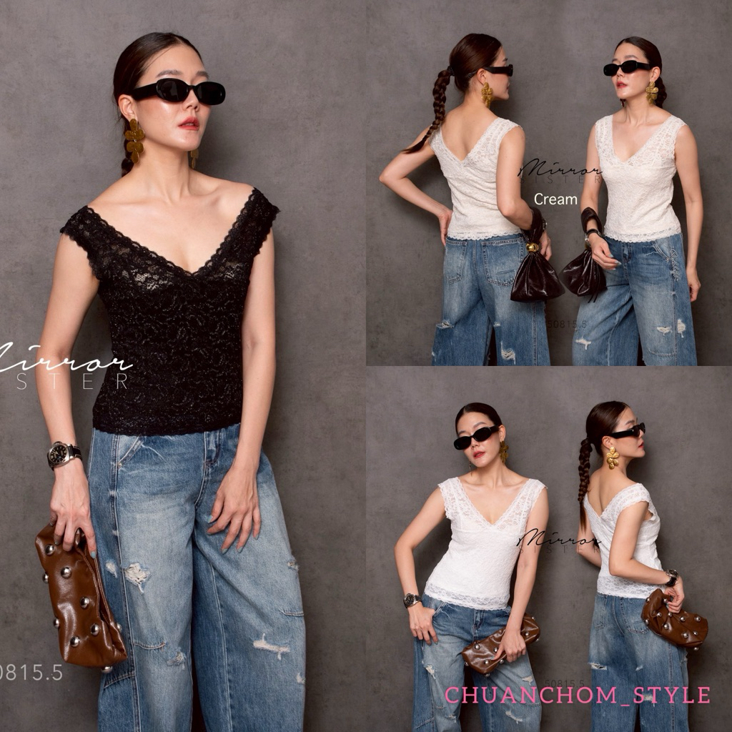 🔖Mirrorsister 50815.5 เสื้อลูกไม้ยืดหยุ่น มีซับใน ดีเทลคอวีกว้าง แมทช์ง่ายได้ทุกลุค แอบแซ่บ ใส่เที่ยว ใส่ทำงาน