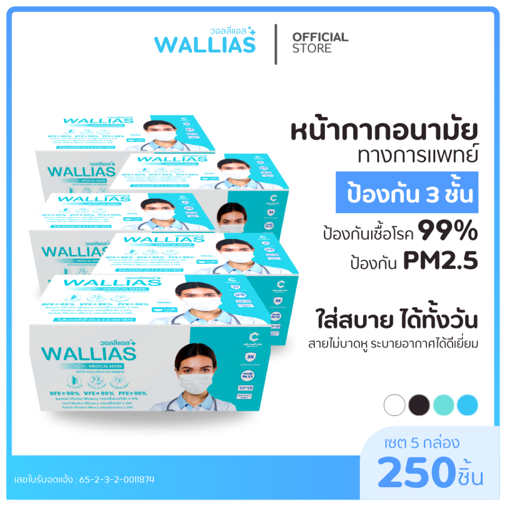 [เซต 5 กล่อง] Wallias หน้ากากอนามัยทางการเเพทย์ แมสป้องกัน ฝุ่น PM2.5 แบคทีเรีย 99% Medical Mask มาตรฐาน อย.