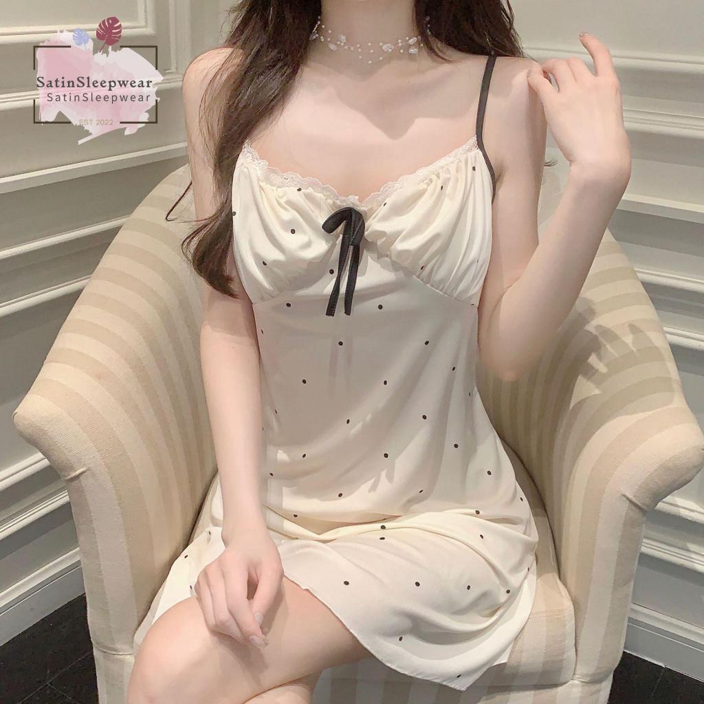 SatinSleepwear💖💖ชุดนอนสายเดี่ยวผู้หญิง กระโปรงน่ารัก🌸🌸มีสามสีให้เลือก ตกแต่งโบว์ สวมใส่สบาย.