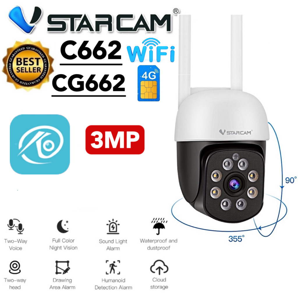 Vstarcam C662 WIFI/CG662 4G ความละเอียด 3 ล้านพิกเซล กล้องวงจรปิดไร้สาย กล้องนอกบ้าน Outdoor มีAI+ คนตรวจจับสัญญาณเตือน