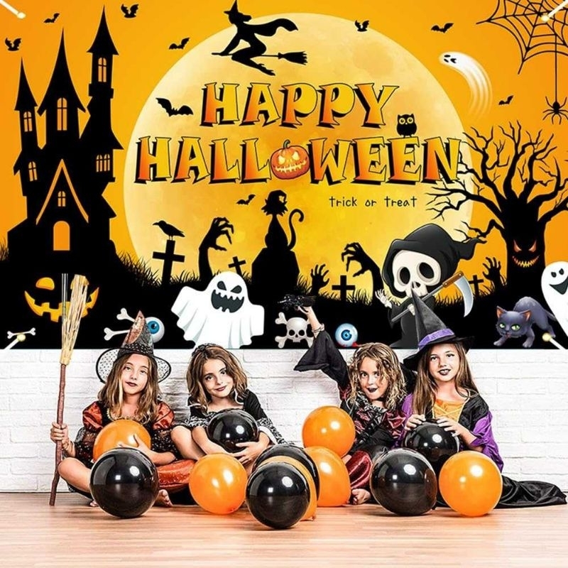 แบนเนอร์ ฮาโลวีน ป้าย ผี หัวกะโหลก ตกแต่งปาร์ตี้ 180x110 CM Happy Halloween Ghost Skull Banner Backdrop Decoration Prop