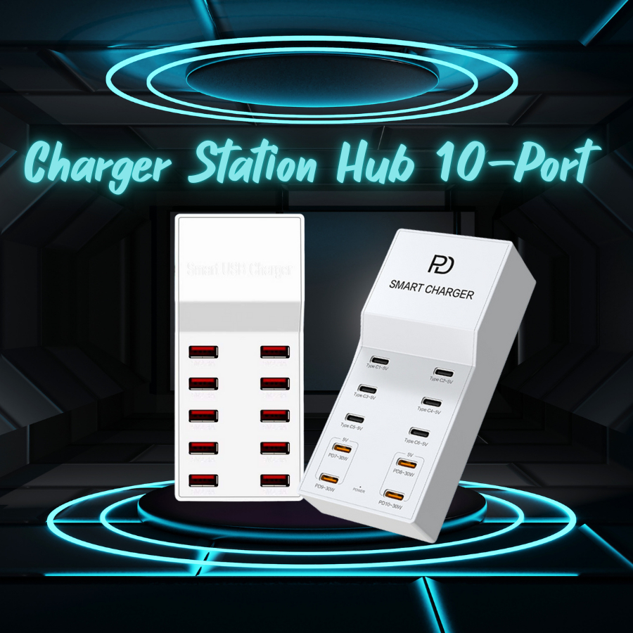 ปลั๊กไฟ รางปลั๊ก สถานีชาร์จ ชาร์จเร็ว 10 Port USB Charger HUB 50W 10 Port TYPE-C Charger HUB 72W.