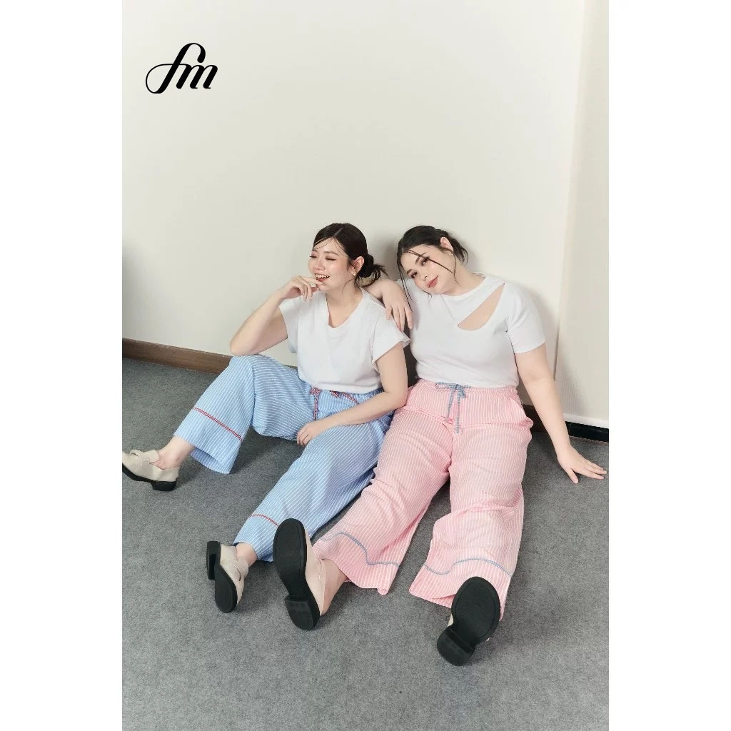 กางเกงขายาวมีเชือก Striped Tie-Waist Trousers #FMBL-E2B077