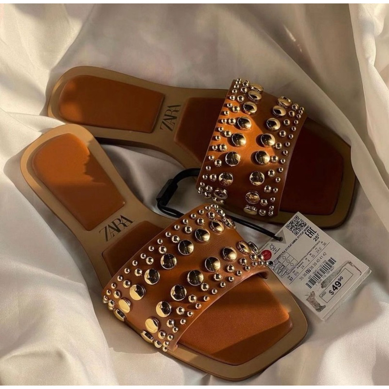 พร้อมส่ง 35,37,38📌 ZARAของเเท้จากShopรองเท้าเเตะสายคาดหนังเเต่งหมุดทอง