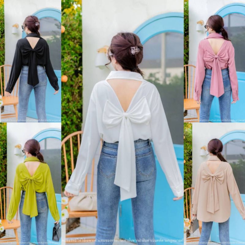 เสื้อคอปกแขนยาว เนื้อผ้าลินินผสมสลาปเกาหลี ใส่สบายไม่บาง ดีเทลสวยตรงปกด้านหลังแอบโชว์นิดหน่อยและมีโบว์ติดเก๋เก๋