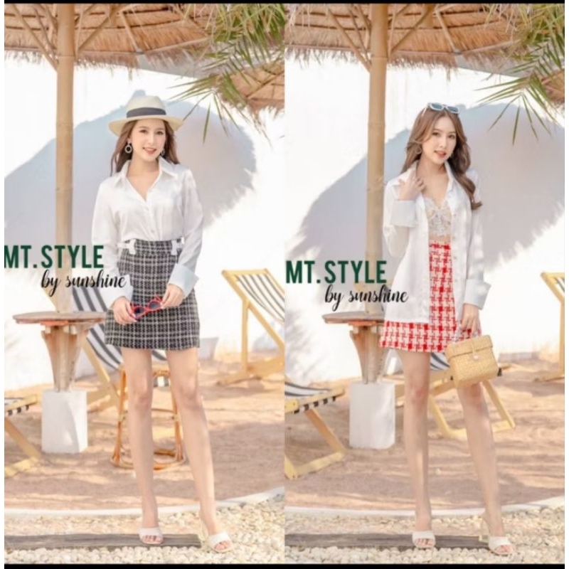 617💘แดงมีM,XLเซตกระโปรงสั้นผ้าทวิตแขนยาว