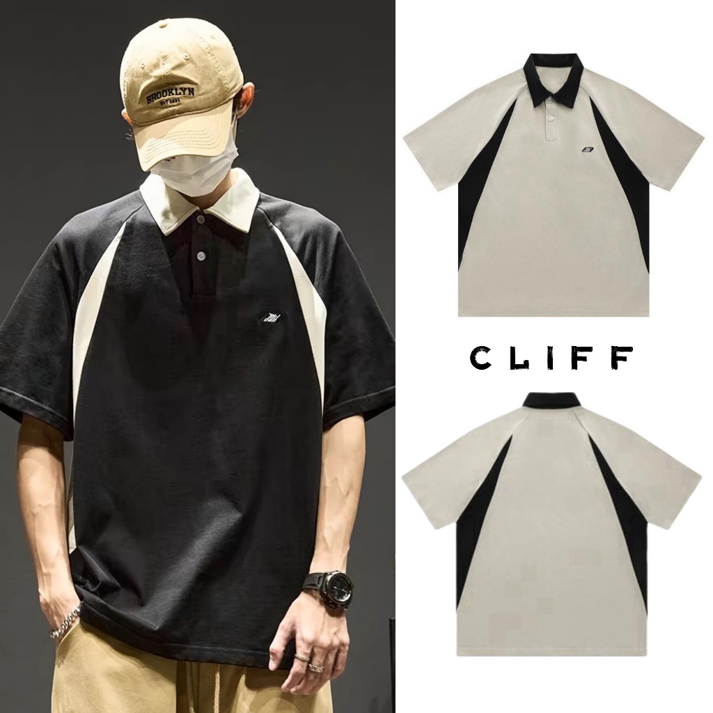 CLIFF เสื้อโปโลผู้ชาย สีผสม สไตล์อเมริกัน ลำลอง แบบหลวม แบบบาง แขนสั้นคอปก