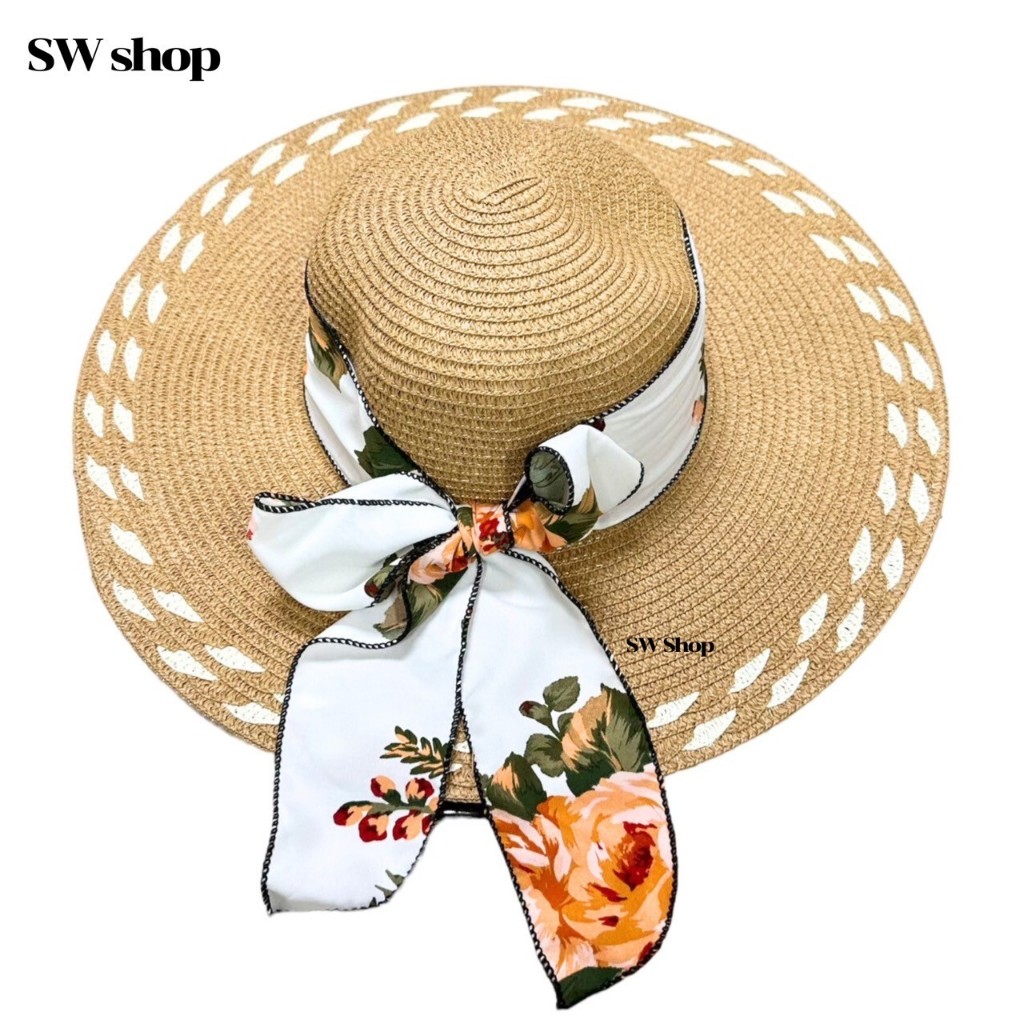 SW หมวกสานปีกใหญ่ หมวกกันแดด แฟชั่นสไตล์ชิวๆ หมวกปีกใหญ่ลายคาดดอกไม้