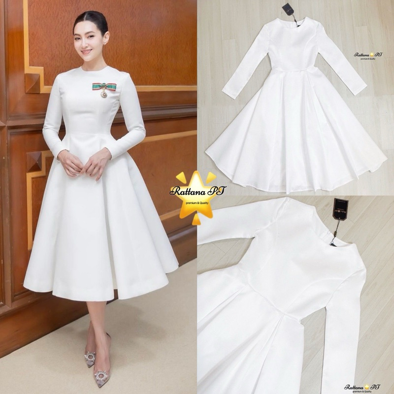 rattana เดรสสีขาว เรียบหรูดูแพง เดรสเป็นเสื้อแขนยาว กระโปรงทรงบาน เนื้อผ้าดีมาก หน้าอกมีฟองน้ำ มีซับในทั้งชุด