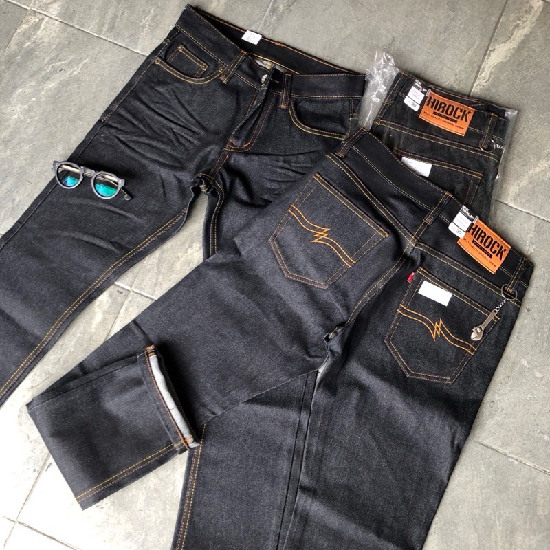 กางเกงยีนส์Hirockป้ายส้มกระบอกเล็กผ้าดิบ14ozแถมพวงกุญแจประแจเลื่อน