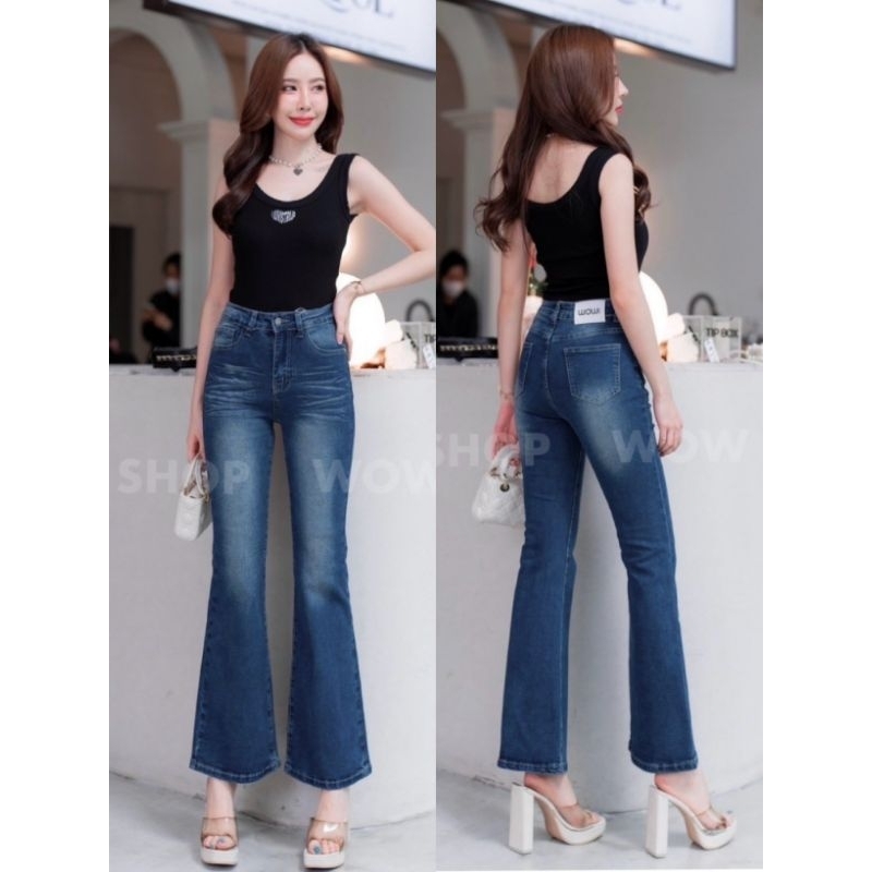 1302#wowกางเกง​ยีนส์​ทรง​ขาม้าผ้ายืดเอวสูง​
