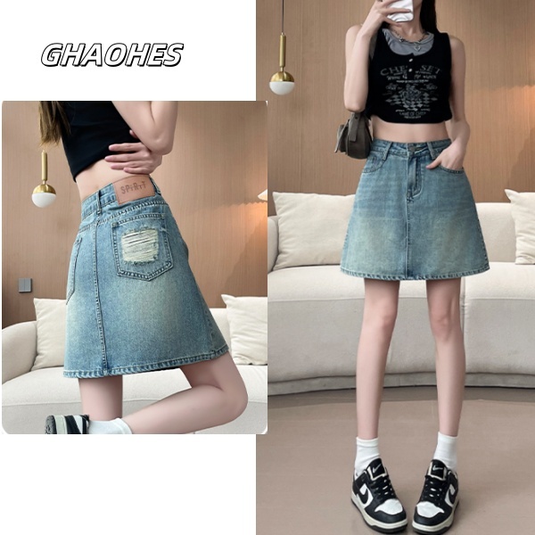 GHAOHES กระโปรงยีนส์มิดี้ทรงเอ ลำลอง แบบเรียบๆ/ S-3XL/ เนื้อผ้าไม่ยืด  กระโปรงยีนส์เอวสูงมีซับในAV97