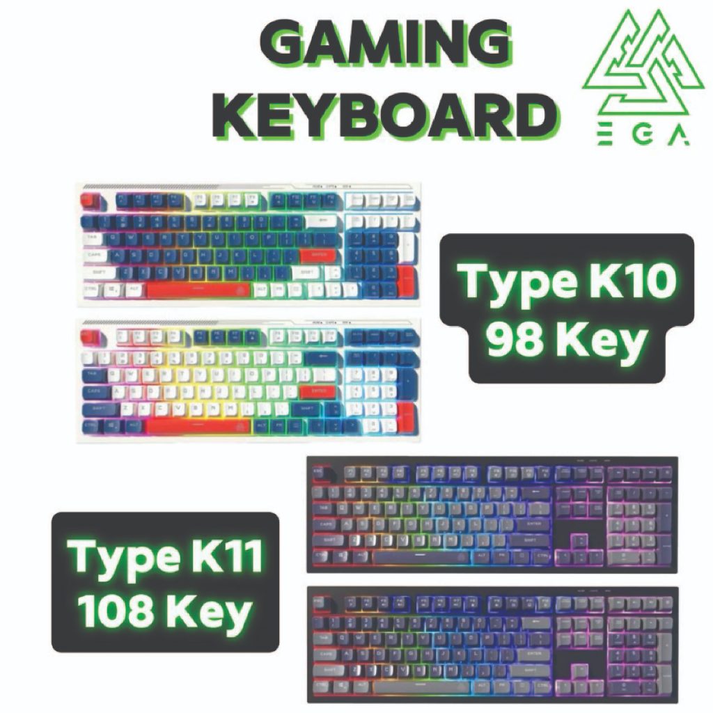 EGA คีย์บอร์ดมีไฟ TYPE K11-K10  Membrane Switch เสียงเงียบ ปุ่มนุ่ม แป้นไทย/อังก