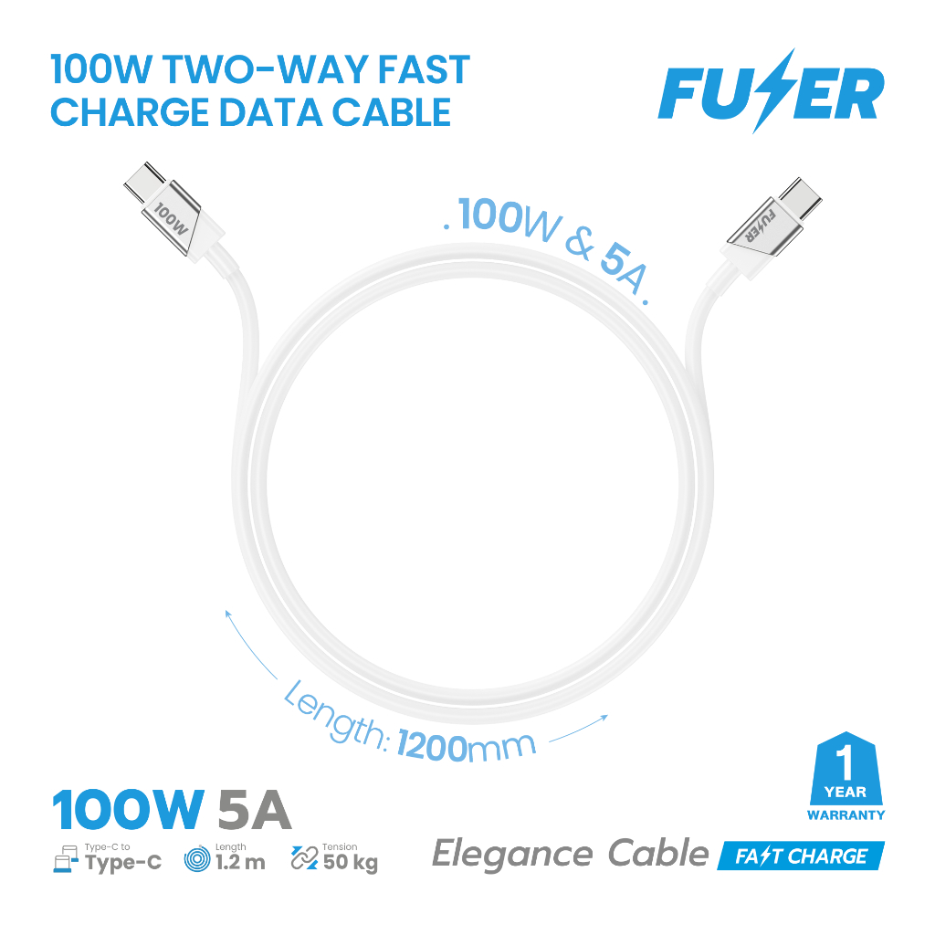 FUZER สายชาร์จ 100W Type-C to Type-C Fast Charge สำหรับแล็ปท็อป สมาร์ทโฟน ยาว 1.2 ม.