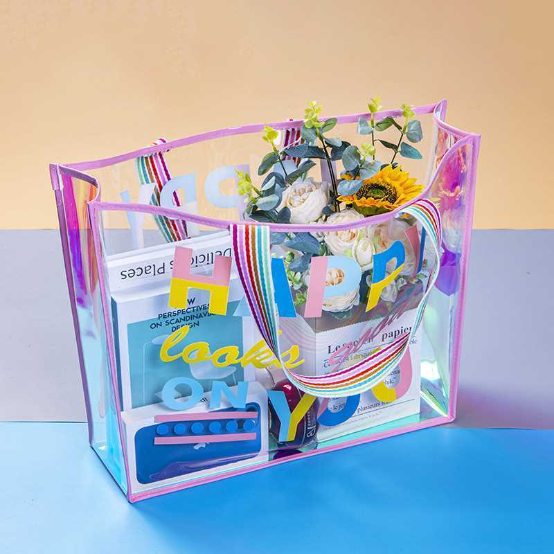 กระเป๋าแบบถือ ขนาดใหญ่ กระเป๋าพลาสติกแบบใส กันน้ำ สามารถใส่เสื้อผ้าไปว่ายน้ำ ออกกำลังกาย