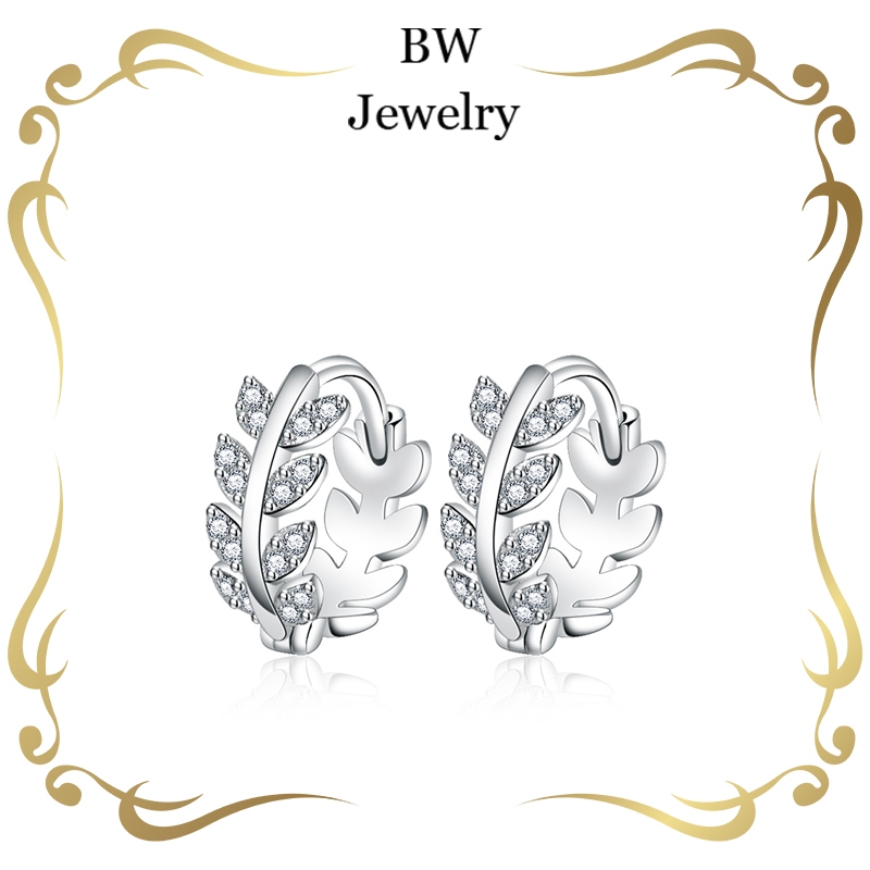 BWjewerly[ราคาต่อคู่] เทรนด์แฟชั่น ต่างหูใบไม้ ต่างหูเพชร ต่างหูผู้หญิง บรรจุภัณฑ์กล่องของขวัญ