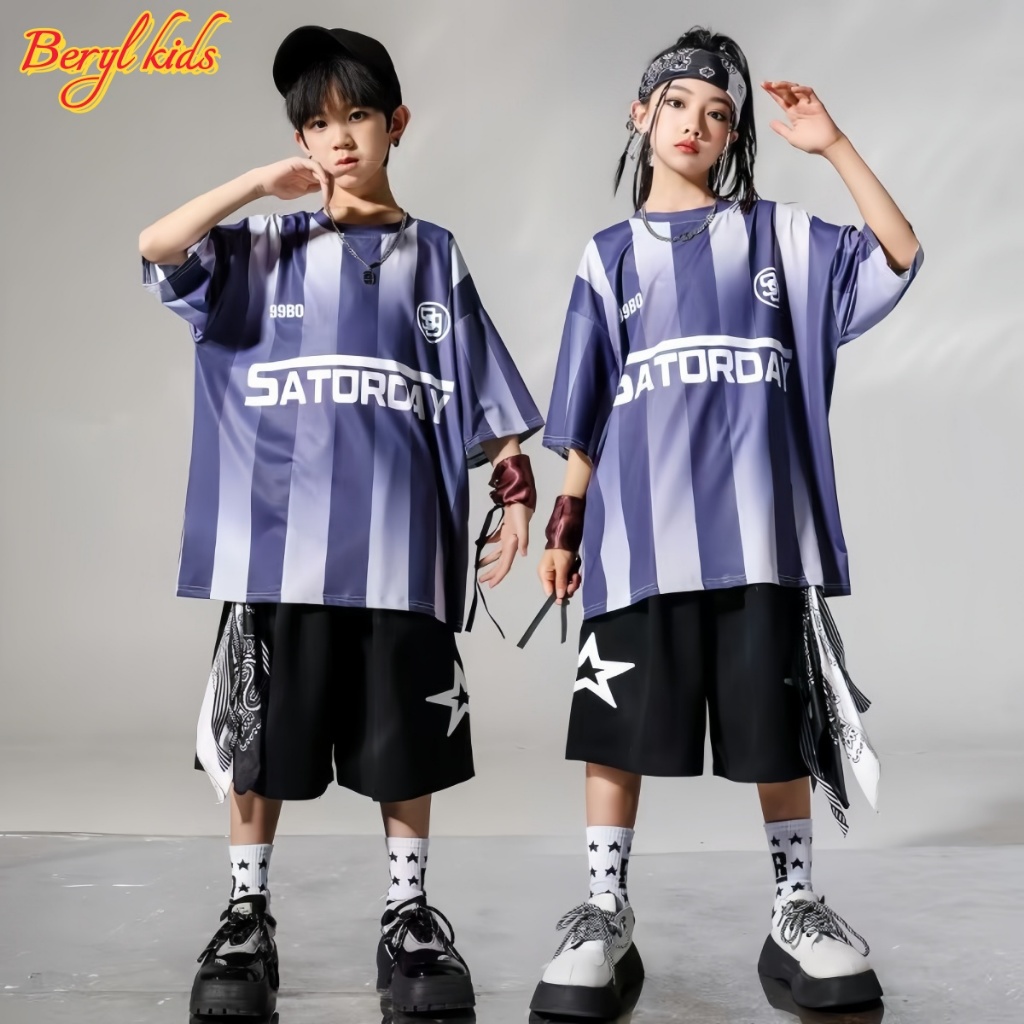 Beryl kids ชุดเซ็ทเด็กแฟชั่น เสื้อยืดลำลองแขนสั้นกางเกงขาสั้น ชุดเด็กการแสดง เต้นรำเท่ๆ ฮิปฮอป ใส่ได้ทั้งเด็กชาย-หญิง