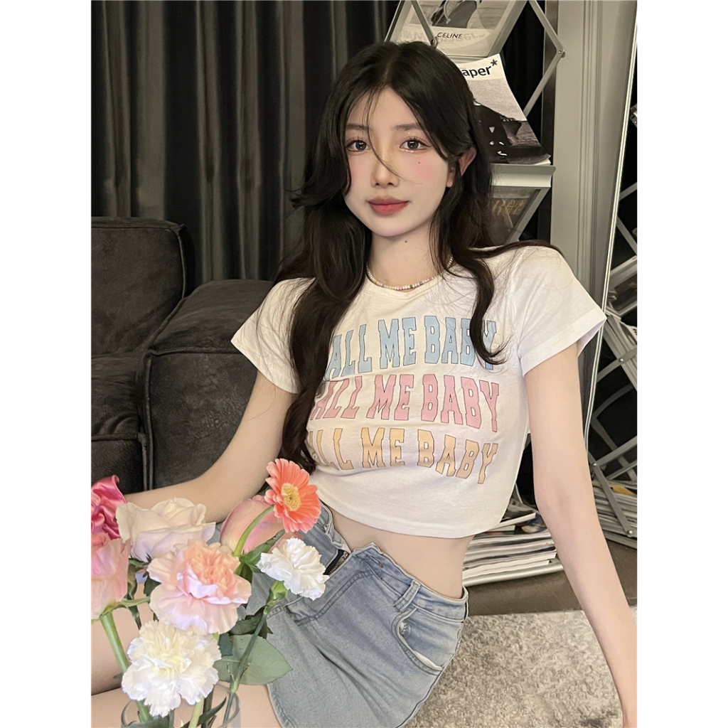 MC168 เสื้อครอปท็อป แฟชั่นผู้หญิง พิมพ์ลาย ผ้ายืด ใส่สบาย