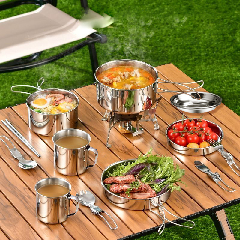 ดหม้อสนาม 5-in-1 ชุดเครื่องครัว สเตนเลส 304 Camping Cooking สำหรับพกพา กระทะไม่ติด ทนอุณหภูมิสูง ปิคนิค หม้อสนาม