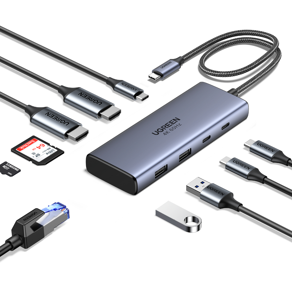 UGREEN อะแดปเตอร์ HUB Type C 7-in-1 USB-C to 2USB-A 3.2+2USB-C 3.2+2HDMI รองรับ 4K60Hz+PD รุ่น 45379