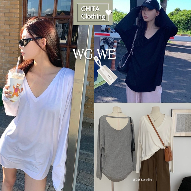 9952# เสื้อแขนยาว คอวี ทรงหลวมใส่สบาย เนื้อผ้าดี งานสวย TAG:WG.WE