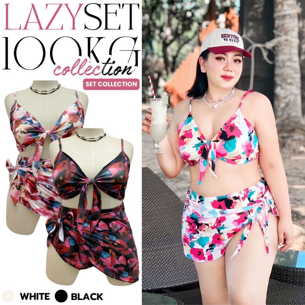Plus size เซ็ท3ชิ้น บรา+กางเกงชั้นใน+ผ้าคลุมเอวของสาวอวบลายสีสัน รุ่น เลซี่ (F21)