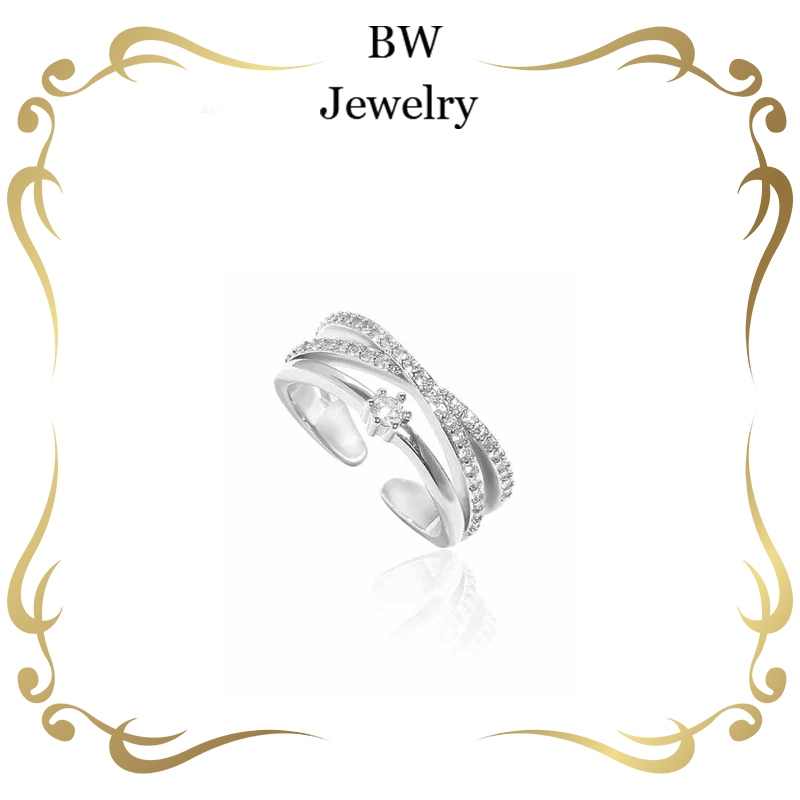 BW jewerly[คุณสามารถปรับขนาด] แหวนเพชรเต็ม หรูหรา แหวนนิ้วชี้ แหวนสองวงแหวน บุคลิกที่ทันสมัย