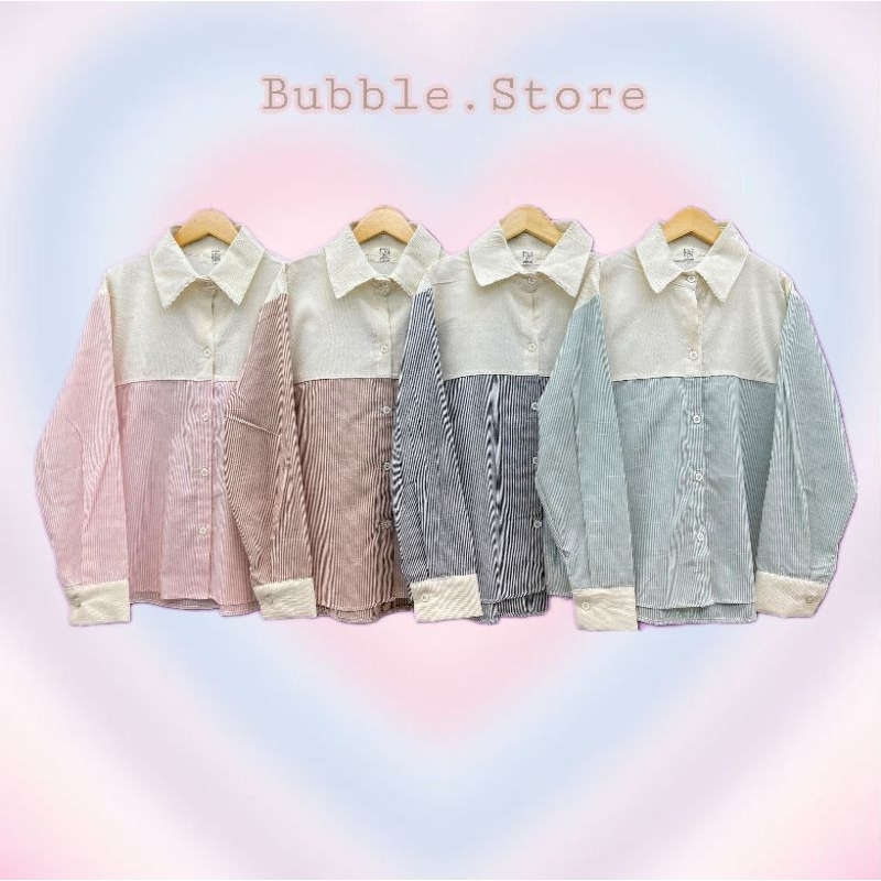 เสื้อเชิ้ตทูโทน ผ้าทอลายริ้วเล็ก ผสมผ้าลูกฟูก สไตล์มินิมอล
