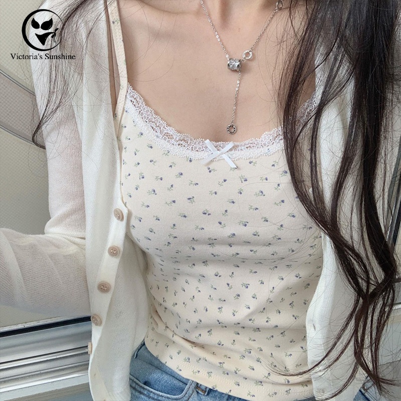 เสื้อสายเดี่ยวลายดอกไม้ เสื้อครอป ผ้าลูกไม้ สไตล์เกาหลี ผ้าใส่สบาย ระบายอากาศได้ดีH9445