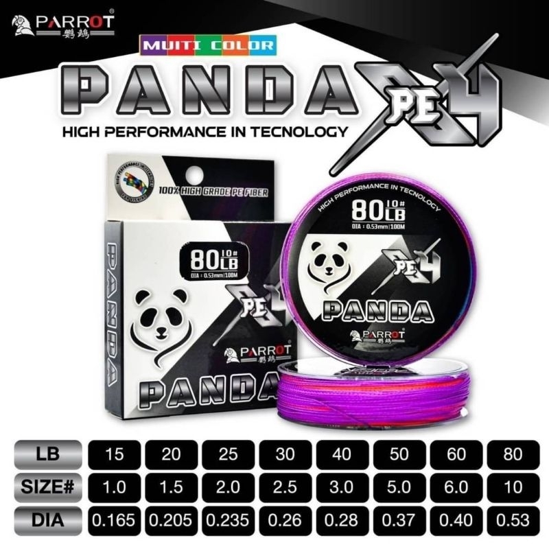 สายPE PARROTรุ่น  PANDAยาว100เมตร มัวน สีมัลติคัลเลอร์ผลิตในไทยมี#1.0/#2.0ให้เลือก ออกกำลังกาย