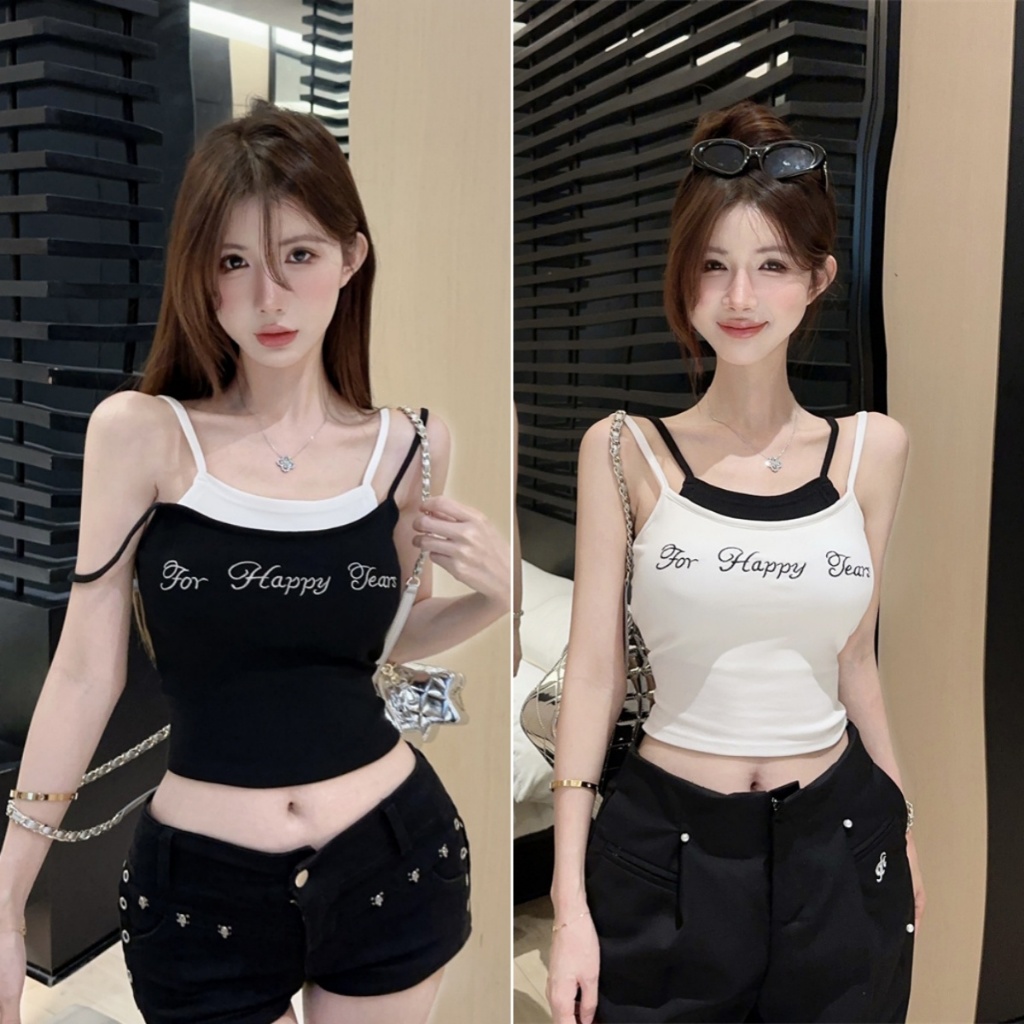 cherryshop พร้อมส่ง เสื้อกล้ามผู้หญิง เสื้อยืดสายเดี่ยวเซ็กซี่ สองชิ้นเย็บ พิมพ์ตัวอักษร ดีไซน์เก๋ไก้