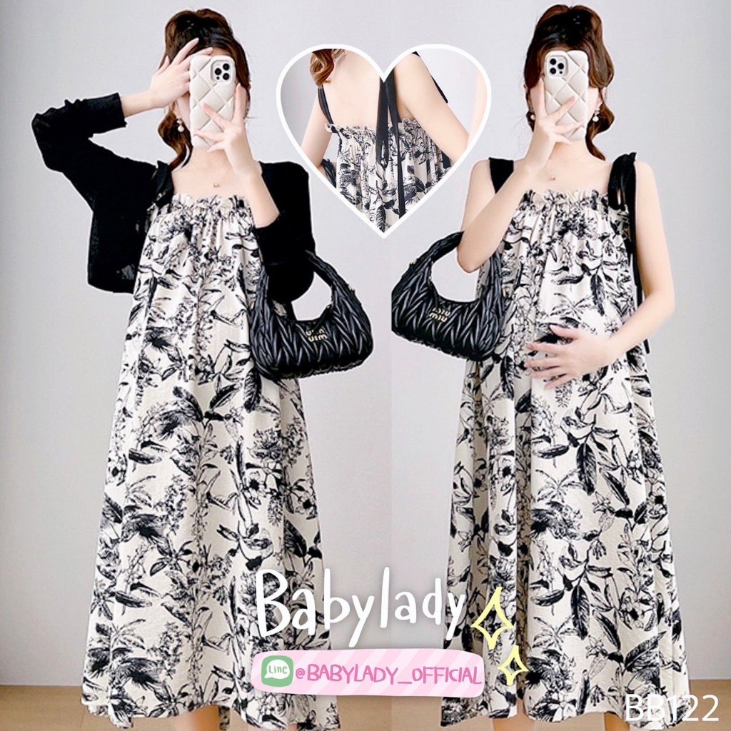 BB 122 ชุดเดรสคลุมท้องสไตล์เกาหลี เนื้อผ้าชีฟองพิมพ์ลายดอกไม้ สายที่ไหล่สามารถปรับความสั้น-ยาวได้แบบผูก