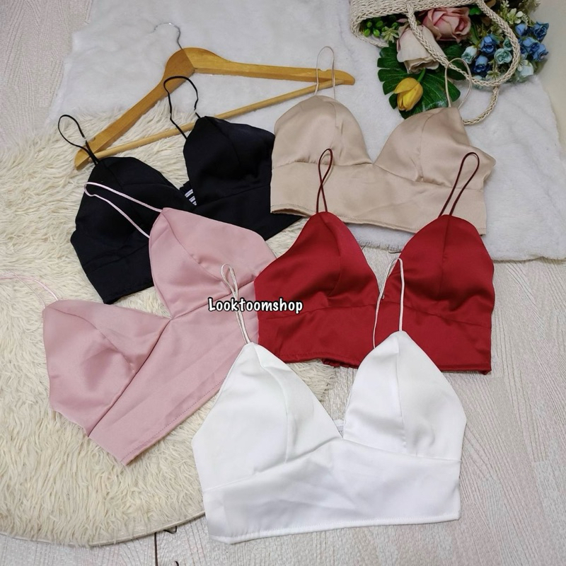 🎀Looktoomshop🎀 #H07 เสื้อครอปสายเดี่ยว ผ้าซาติน อก30“-32”