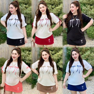 เสื้อโบว์แต่งแถบโบว์ กระโปรงกางเกง อก “44-58“  เอว“32-42“  ส…
