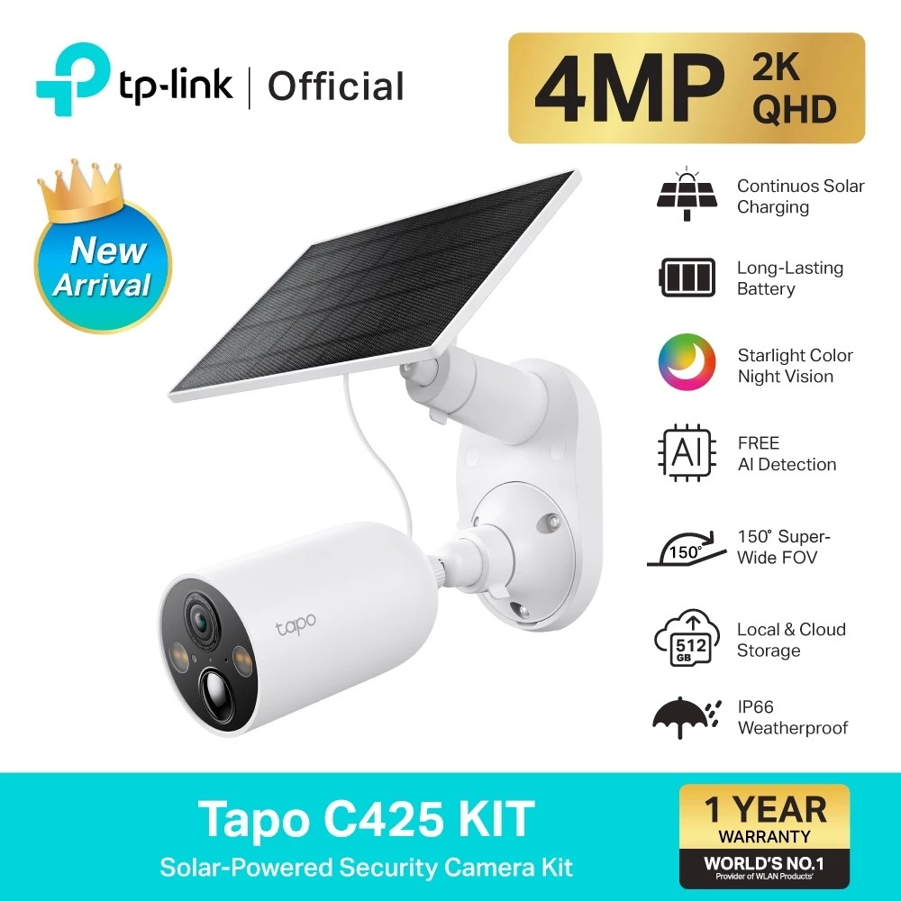 TP-LINK (Tapo C425 KIT) Solar-Powered Security Camera Kit ชุดกล้องวงจรปิดพร้อมแผงโซลาเซลล์ กล้องIP66 แบตอึด