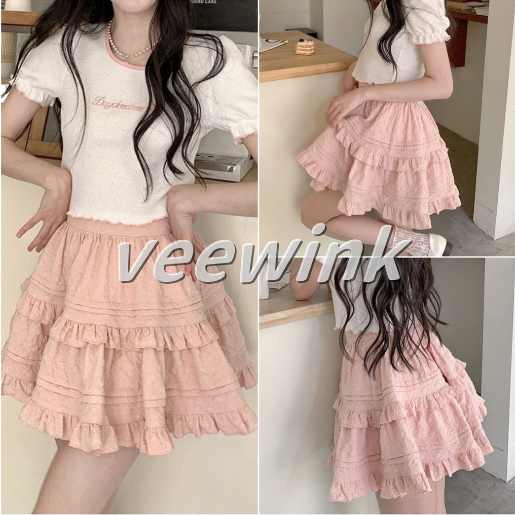 Veewink พร้อมส่งจากกทม กระโปรงพลีทบัลเล่ต์ เอวยางยืด กระโปรงชมพูแยม าวหวานญี่ปุ่น สไตล์เจ้าหญิง แฟชั่นฤดูร้อน